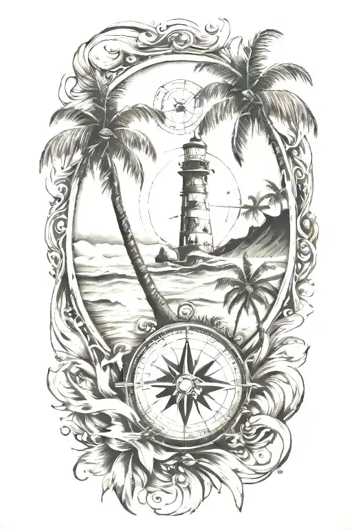 A beach scene with palm trees, waves, and a compass rose symbolizing the client's love for traveling tattoo design idea