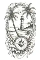 A beach scene with palm trees, waves, and a compass rose symbolizing the client's love for traveling tattoo design idea