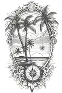A beach scene with palm trees, waves, and a compass rose symbolizing the client's love for traveling tattoo design idea