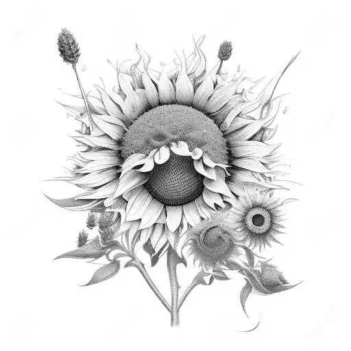 lavander sprig sunflower and apple blossom tattoo design idea