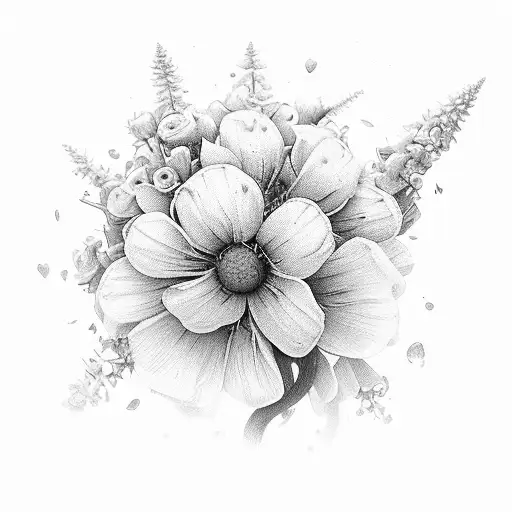 realistic oil painting of a small bouquet tied together with a piece of twine, made of a single apple blossom, two sprig tattoo design idea