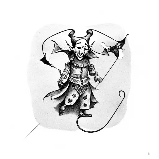 A jester balancing on a tightrope made of bats tattoo design idea