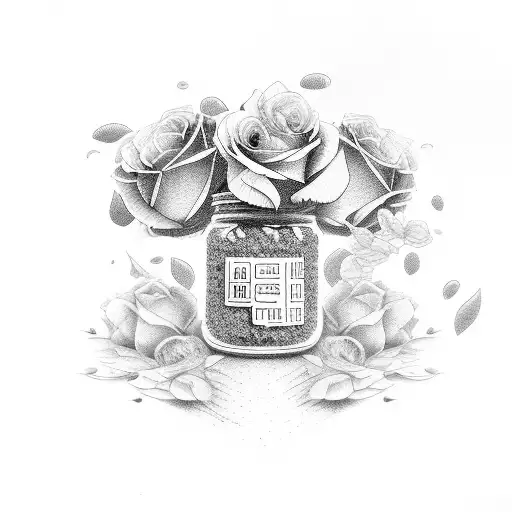 pill bottle spilling out, surrounded by bed of roses tattoo design idea