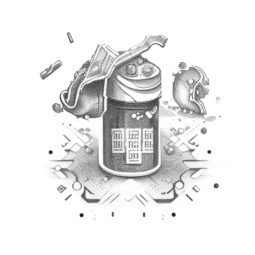 dropped pill bottle open, pills falling down arm tattoo design idea
