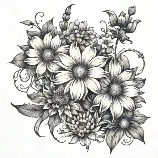 cosmos, daisy, larkspur, violet intertwined within tattoo design idea