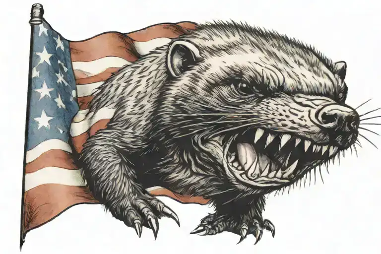 honey badger angry biting American flag waving tattoo design idea