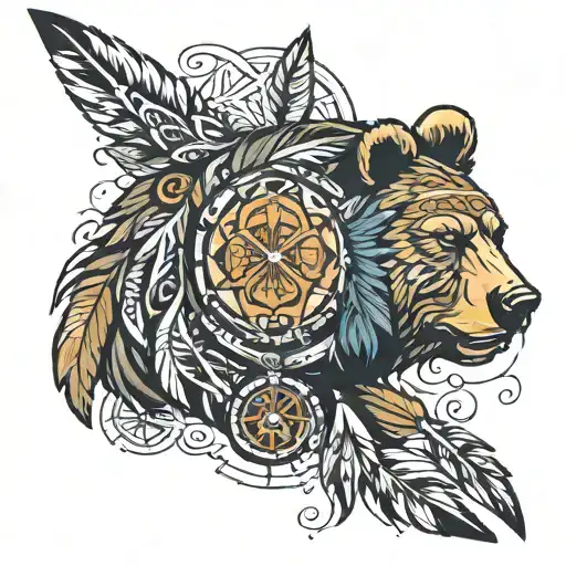 native American bear, Paul Eagle feathers Celtic runes for forever love tattoo design idea