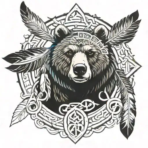 native American bear, Paul Eagle feathers Celtic ruins for forever love tattoo design idea