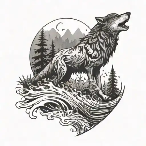 A mystical scene of a wolf leading a pack through a dense forest, with ocean waves crashing against the shore in the distance tattoo design idea