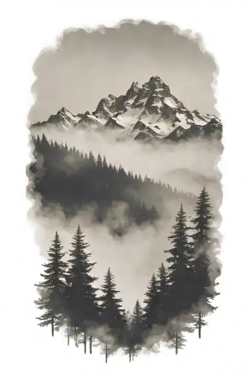 mountains with foggy trees in front foggy forest mist tattoo design idea