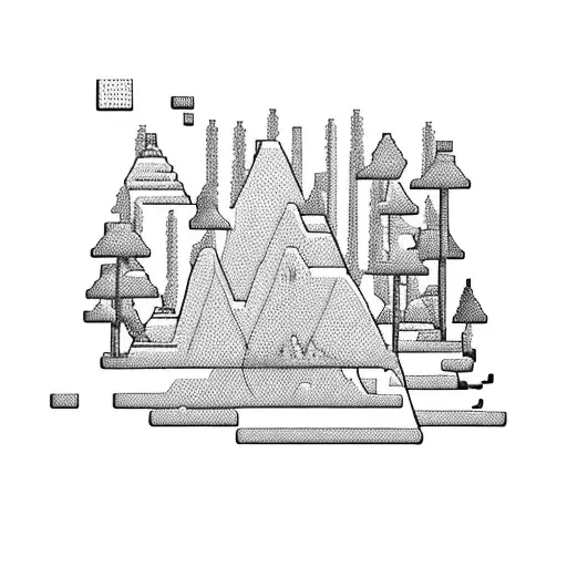 A pixelated hiking trail winding through a forest of computer chips tattoo design idea