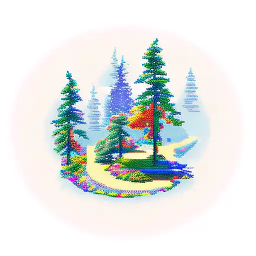 A pixelated hiking trail winding through a forest of computer chips tattoo design idea