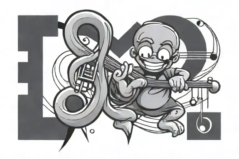 cartoon character making music note intertwined tattoo design idea