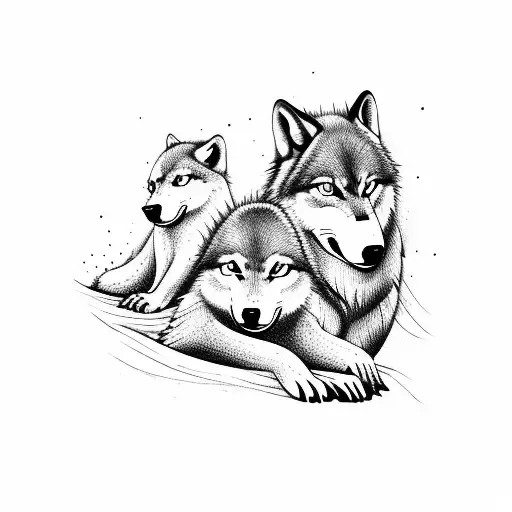 Protective wolf with two cubs in the forest at night tattoo design idea