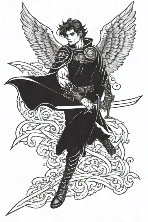 sexy young male mage warrior angel with sword  tattoo design idea