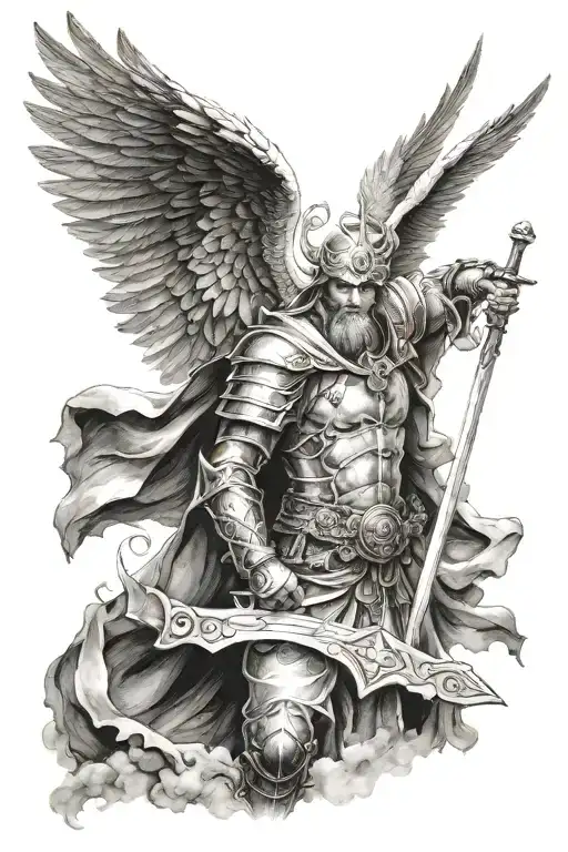 male mage warrior angel tattoo design idea