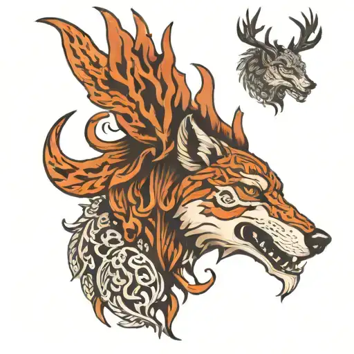 wolf head and engle and stag walking tattoo design idea