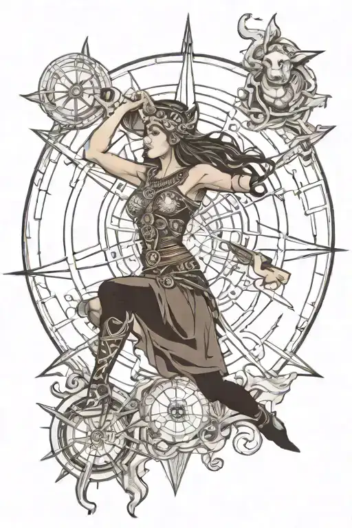 The powerfull Norse goddess Freya underneath a Norse compass.  With other Norse symbols  tattoo design idea