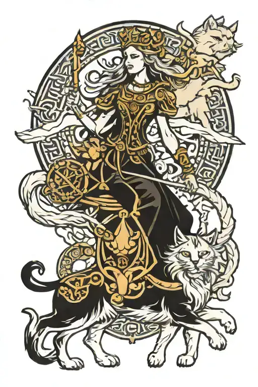 Norse goddess Freya a chariot pulled by two cats sitting tattoo design idea