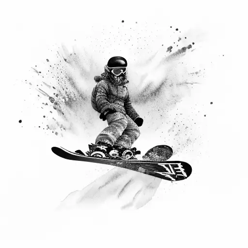 A snowboarder gliding down a mountain slope with a trail of vibrant watercolor splashes behind, representing the exhilaration of snowboarding and the beauty of nature tattoo design idea
