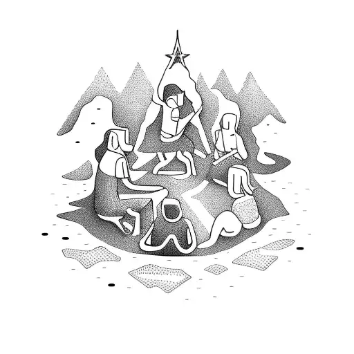 A group of friends sitting around a campfire, with each person represented by a different symbol or animal, capturing the essence of friendship and adventure tattoo design idea