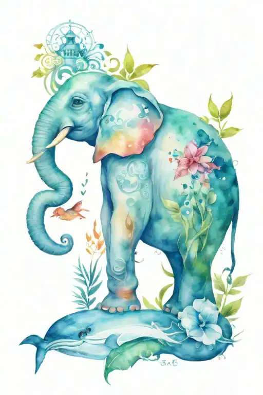 Elephant Owl Dolphin tattoo design idea