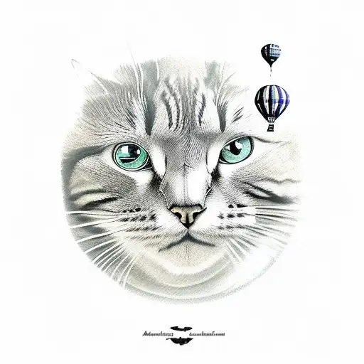 astronaut cat looking at hot air balloon  tattoo design idea