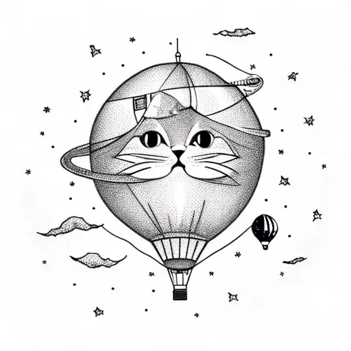 astronaut cat with hot air balloon in space  tattoo design idea