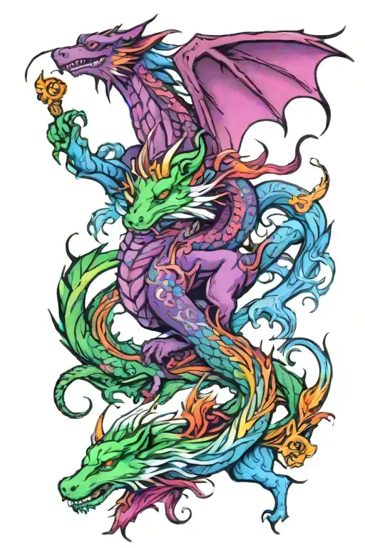 Green dragon, blue fox, purple unicorn  tattoo design idea