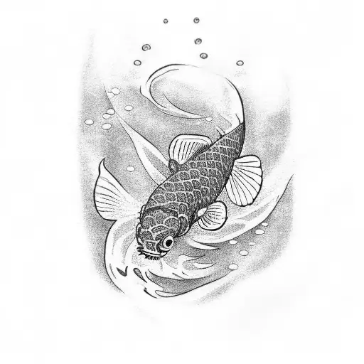 A dotwork tattoo of a Japanese koi fish swimming upstream with the word 'Ikigai' written in Japanese script around it tattoo design idea