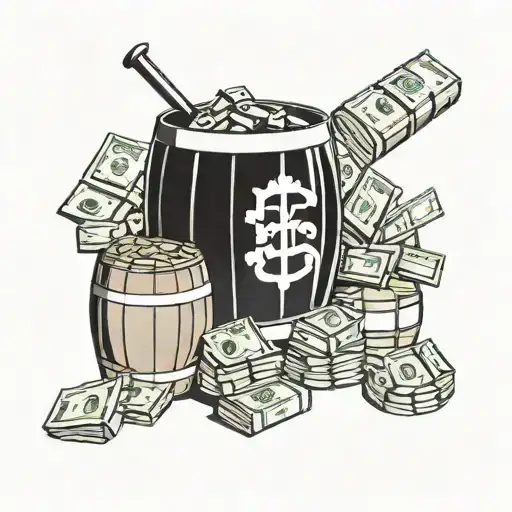 A tattoo design of a vintage whiskey barrel with brass knuckles and stacks of cash, representing the client's interests in drinking alcohol, gangster lifestyle, and money tattoo design idea