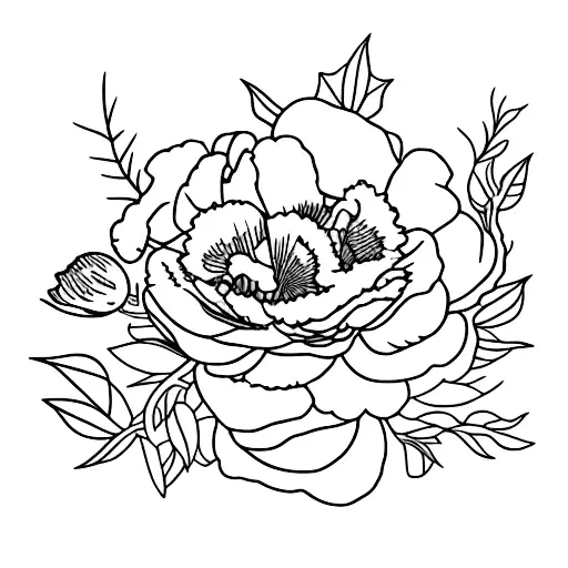 A minimalist tattoo of a peony, rose, and poppy on a vine with a tui and kea incorporated into the design tattoo design idea