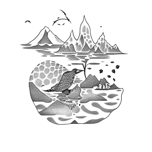 A dotwork tattoo of a New Zealand landscape with native birds and a coffee cup hidden among the plants tattoo design idea