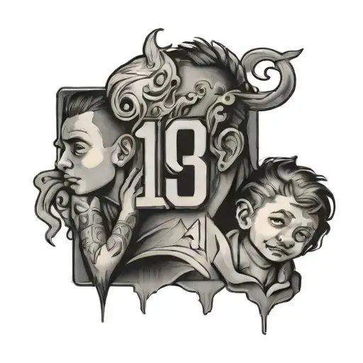 Get a tattoo based on the number 19 and a father with a son on his back tattoo design idea