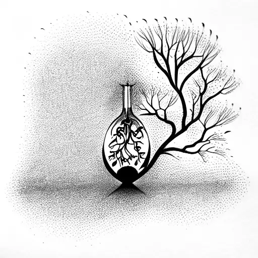 hourglass, tree in the upper glass, leaves falling down onto blooming tree tattoo design idea