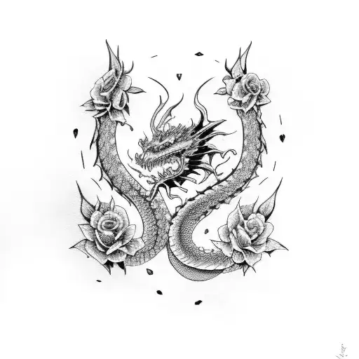 Dragon and roses tattoo design idea