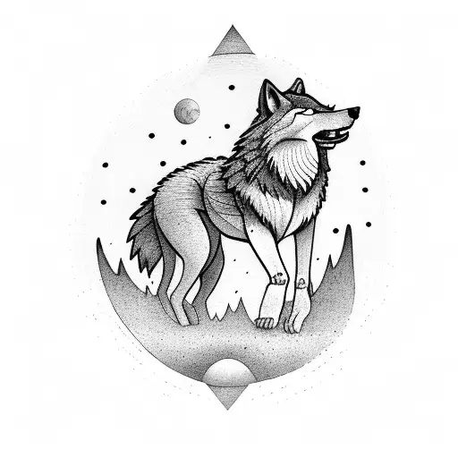 A wolf howling at the true north with an olive tree in the background tattoo design idea