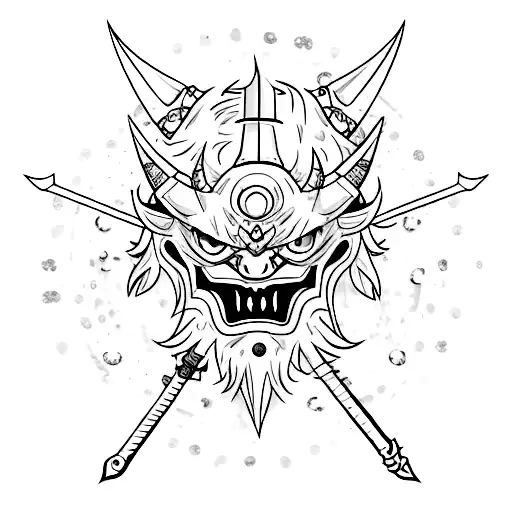 Oni Mask with sword trough it and sharingan eye tattoo design idea