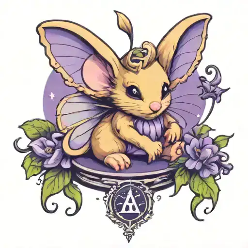 cute fairy mouse with wings sitting on a purple libra zodiac sign. theme is magical whimsy  tattoo design idea