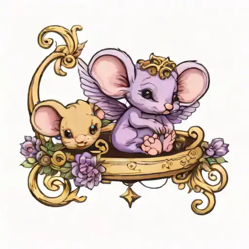 purple libra zodiac sign with cute baby mouse sitting ontop of it with tail curled around it. the mouse has fairy wings tattoo design idea