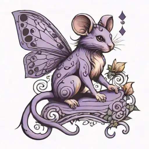 purple libra zodiac sign with mouse sitting ontop of it with tail curled around it. the mouse has fairy wings tattoo design idea