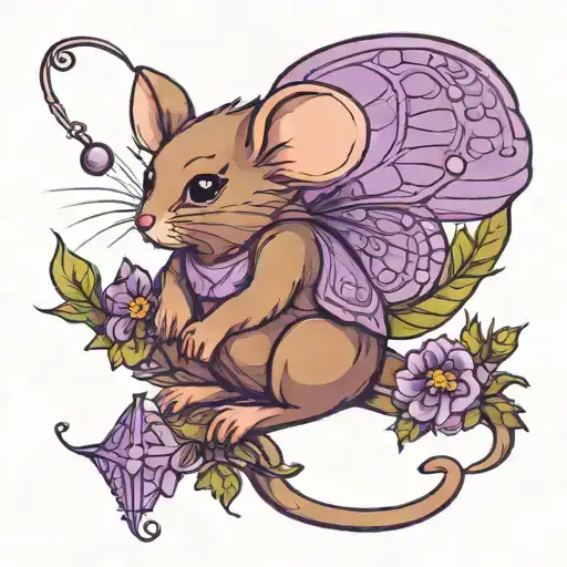 cute fairy brown mouse with wings sitting on a purple libra zodiac sign  tattoo design idea
