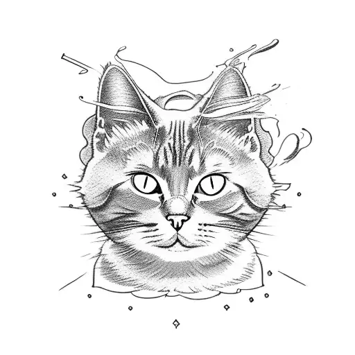 A cat sitting on a stack of sketchbooks, with a pencil behind its ear tattoo design idea