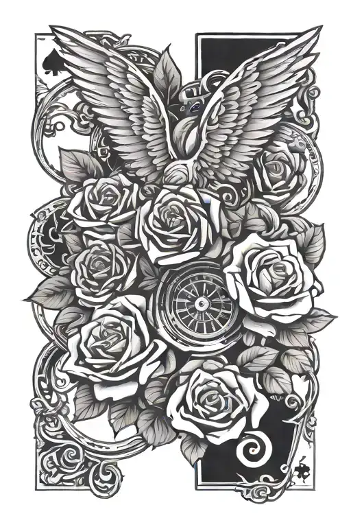 wings rose gamble roulette cards tattoo design idea