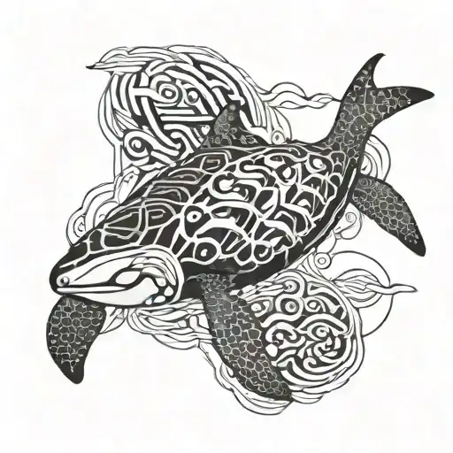 A geometric design of a swimming turtle orca merging with waves tattoo design idea