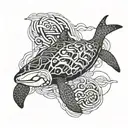 A geometric design of a swimming turtle orca merging with waves tattoo design idea