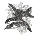 A geometric design of a swimming turtle orca merging with waves tattoo design idea
