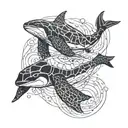 A geometric design of a swimming turtle orca merging with waves tattoo design idea