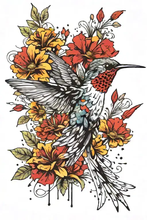 Hummingbird eating off marigolds  tattoo design idea