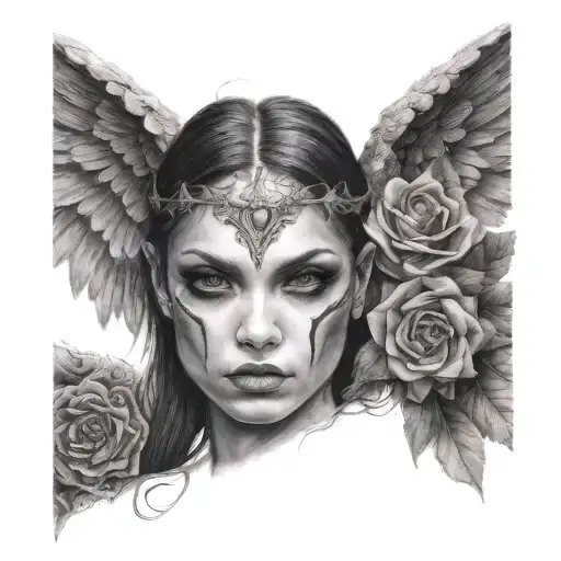 half face angel half face demon girl close up  tattoo design idea